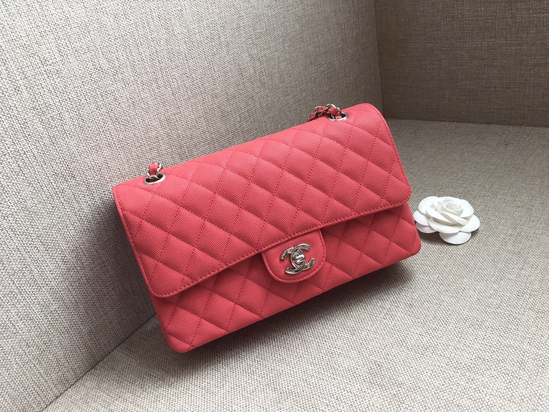 Medium Classic Flap Caviar Bag A01112 Rose Red/Silver